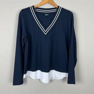 LaurenRalph Lauren Womens M Pullover Sweater Blue White V Neck Knit Cotton